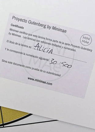 Certificado de autenticidad de la lamina Alicia en el Pais de las Maravillas edicion limitada numerada 30 de 500
