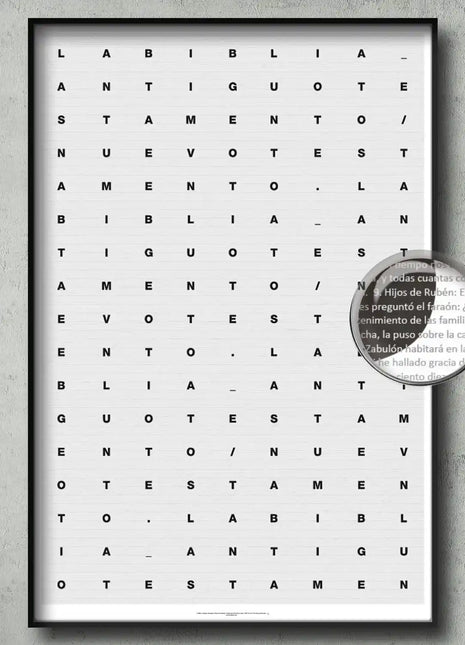 Lamina La Biblia completa enmarcada con lupa mostrando el texto legible, regalo para creyentes