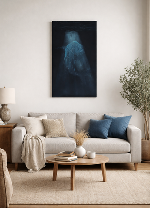 Cuadro de resina Luz Abisal con tiburon ballena colgado en salon, regalo original para decoracion hecho a mano en Bizkaia