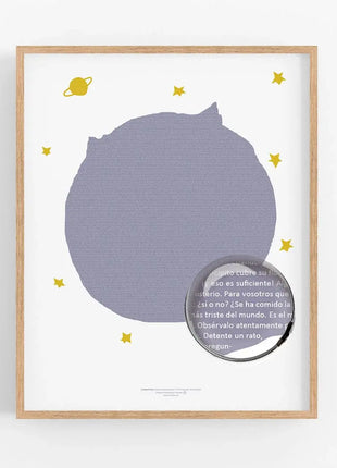 Lamina El Principito enmarcada con lupa mostrando el texto legible, regalo unico para lectores