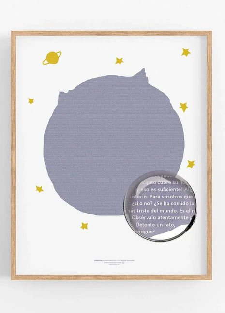 Lamina El Principito enmarcada con lupa mostrando el texto legible, regalo unico para lectores
