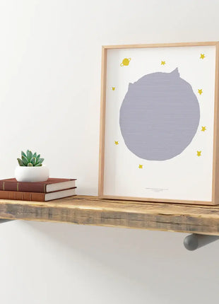 Lamina El Principito enmarcada en madera sobre estante, regalo unico para amantes de los libros