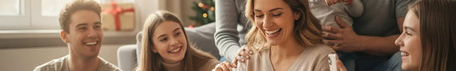 Familia emocionada abriendo regalos originales y únicos fabricados en España en Navidad