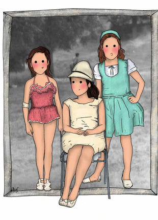 Ilustración personalizada hecha a mano de tres amigas con estilo foto antigua, regalo original para amigas por Itxaso Goitia