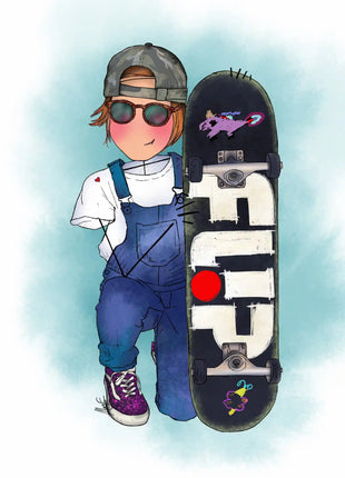 Ilustración personalizada hecha a mano de chica joven con skate y mono vaquero, regalo original para mujer por Itxaso Goitia