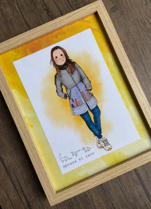 Ilustración personalizada enmarcada de chica con lápices, regalo original para profesora hecho a mano por Itxaso Goitia