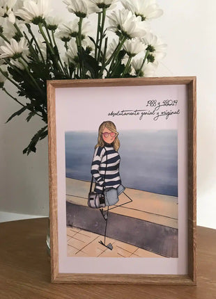Ilustración personalizada enmarcada de chica en paseo marítimo, regalo original para mujer hecho a mano por Itxaso Goitia
