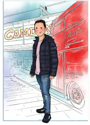 Ilustración personalizada hecha a mano de chico joven en Camden Londres, regalo original para hombre por Itxaso Goitia