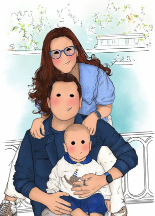 Ilustración personalizada hecha a mano de familia con bebe en parque, regalo original para familias por Itxaso Goitia