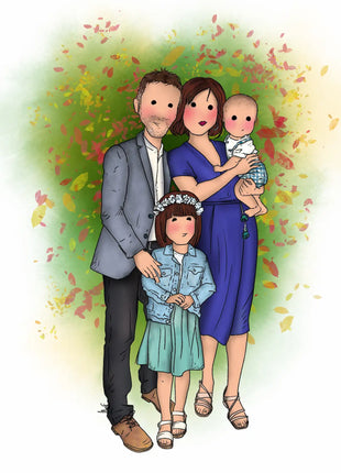 Ilustración personalizada hecha a mano de familia con bebe y niños en otoño, regalo original para familias por Itxaso Goitia