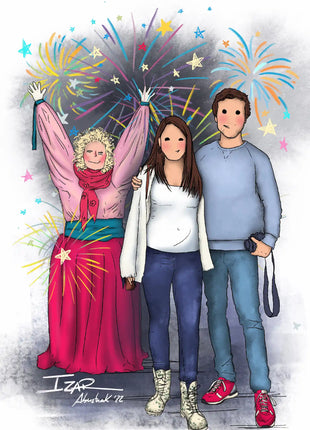 Ilustración personalizada hecha a mano de familia con fuegos artificiales, regalo original para mujer embarazada por Itxaso Goitia
