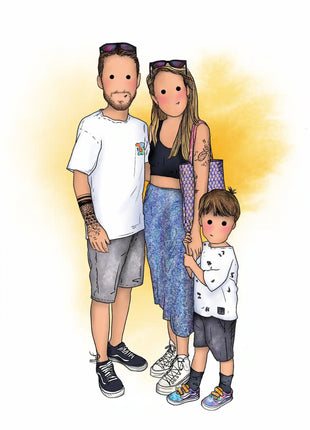 Ilustración personalizada hecha a mano de familia con niño pequeño, regalo original para familias por Itxaso Goitia