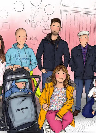 Ilustración personalizada hecha a mano de familia numerosa con abuelos y niños, regalo original para familias por Itxaso Goitia