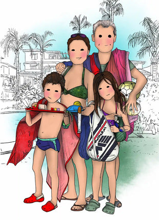 Ilustración personalizada hecha a mano de familia en verano con complementos de playa, regalo original por Itxaso Goitia