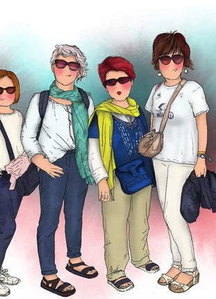 Ilustración personalizada hecha a mano de grupo de cuatro amigas con gafas de sol, regalo original para amigas por Itxaso Goitia