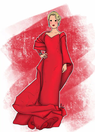 Ilustracion personalizada hecha a mano de invitada con vestido rojo largo, regalo original para parejas por Itxaso Goitia