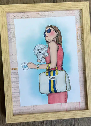 Ilustración personalizada enmarcada de mujer con perro y bolso, regalo original para mujer hecho a mano por Itxaso Goitia