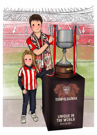 Ilustración personalizada hecha a mano de niños con la Copa del Rey del Athletic Club, regalo original para aficionados por Itxaso Goitia