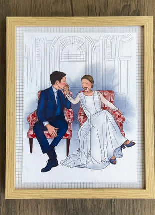 Ilustracion personalizada enmarcada de novios en su boda, regalo de boda original hecho a mano por Itxaso Goitia