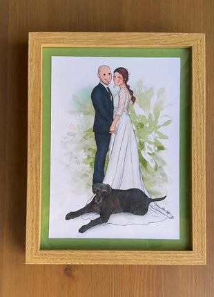 Ilustracion personalizada enmarcada de novios con su perro, regalo de boda original hecho a mano por Itxaso Goitia