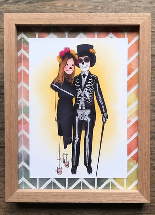 Ilustración personalizada enmarcada de pareja disfrazada Halloween, regalo original para parejas hecho a mano por Itxaso Goitia