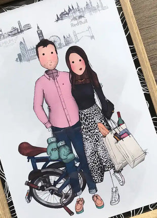Ilustración personalizada enmarcada de pareja en Londres con bicicleta, regalo original para parejas hecho a mano por Itxaso Goitia