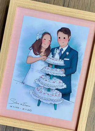 Ilustracion personalizada enmarcada de pareja en su aniversario de boda, regalo original para parejas hecho a mano por Itxaso Goitia