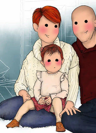 Ilustración personalizada hecha a mano de pareja con bebe, regalo original para parejas con hijos por Itxaso Goitia