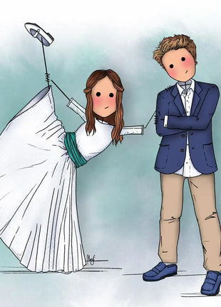 Ilustracion personalizada de comunion de hermanos, nina y nino juntos, regalo original comunion hecho a mano por Itxaso Goitia