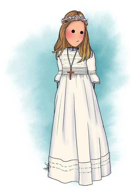 Ilustracion personalizada de comunion de nina con vestido blanco y corona de flores, regalo original comunion hecho a mano por Itxaso Goitia