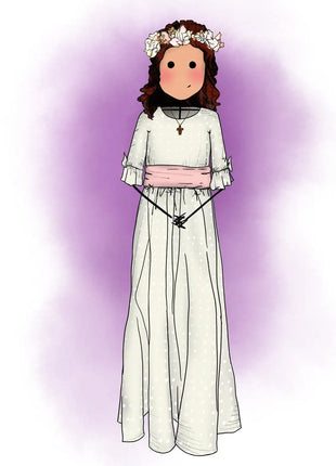 Ilustracion personalizada de comunion de nina con vestido blanco y faja rosa, regalo original comunion hecho a mano por Itxaso Goitia