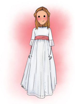 Ilustracion personalizada de comunion de nina con vestido blanco y faja salmon, regalo original comunion hecho a mano por Itxaso Goitia