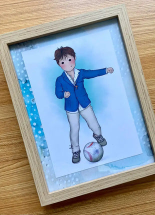 Ilustracion personalizada de comunion de nino con chaqueta azul y balon, regalo original comunion hecho a mano por Itxaso Goitia