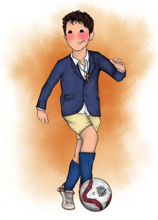 Ilustracion personalizada de comunion de nino con traje y balon de futbol, regalo original comunion hecho a mano por Itxaso Goitia