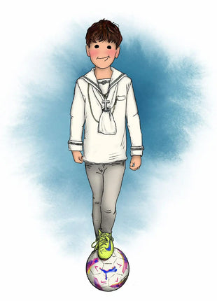 Ilustracion personalizada de comunion de nino con traje marinero y balon, regalo original comunion hecho a mano por Itxaso Goitia