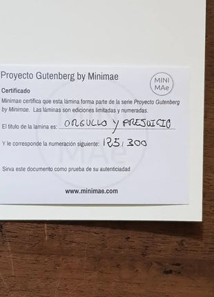 Certificado de autenticidad de la lamina Orgullo y Prejuicio edicion limitada numerada 125 de 300