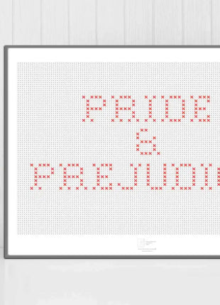 Lamina Orgullo y Prejuicio enmarcada con patron punto de cruz, regalo original para amantes de Jane Austen