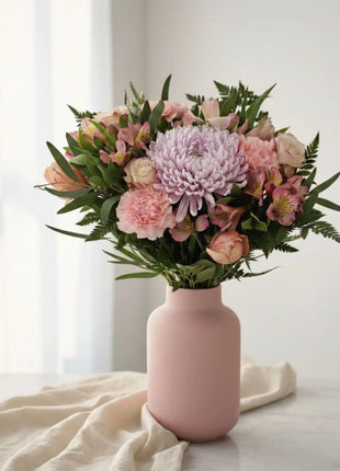 Ramo de flores frescas en tonos rosas en jarron, regalo original para mama con entrega a domicilio