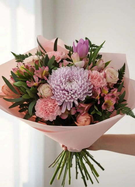 Ramo de flores frescas en tonos rosas para regalar a mama, entrega a domicilio en toda Espana