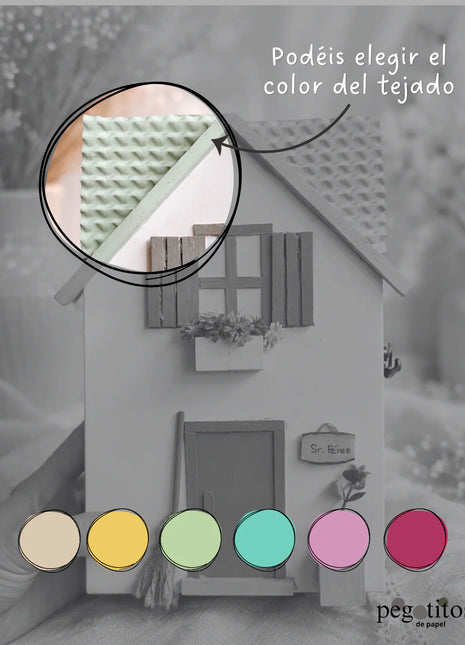 Casita del Ratoncito Pérez hecha a mano con seis opciones de color de tejado: beige, amarillo, verde, turquesa, rosa y burdeos