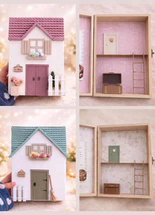 Casita del Ratoncito Pérez hecha a mano en dos versiones: tejado rosa con interior lila y tejado turquesa con interior floral gris