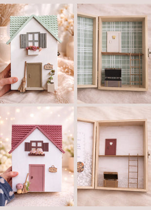 Dos modelos de casita del Ratoncito Pérez hechas a mano: tejado verde con interior a cuadros y tejado burdeos con interior blanco floral
