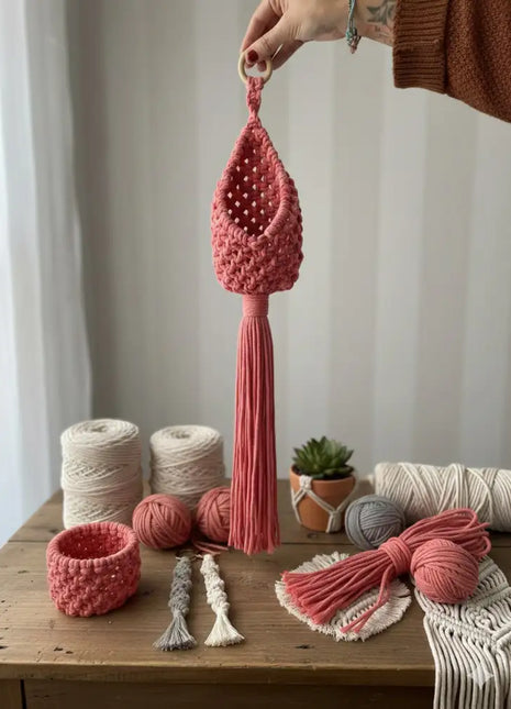 Macetero colgante de macramé Gota en color rosa con aro de madera y flecos — regalo original para mujeres que disfrutan las manualidades